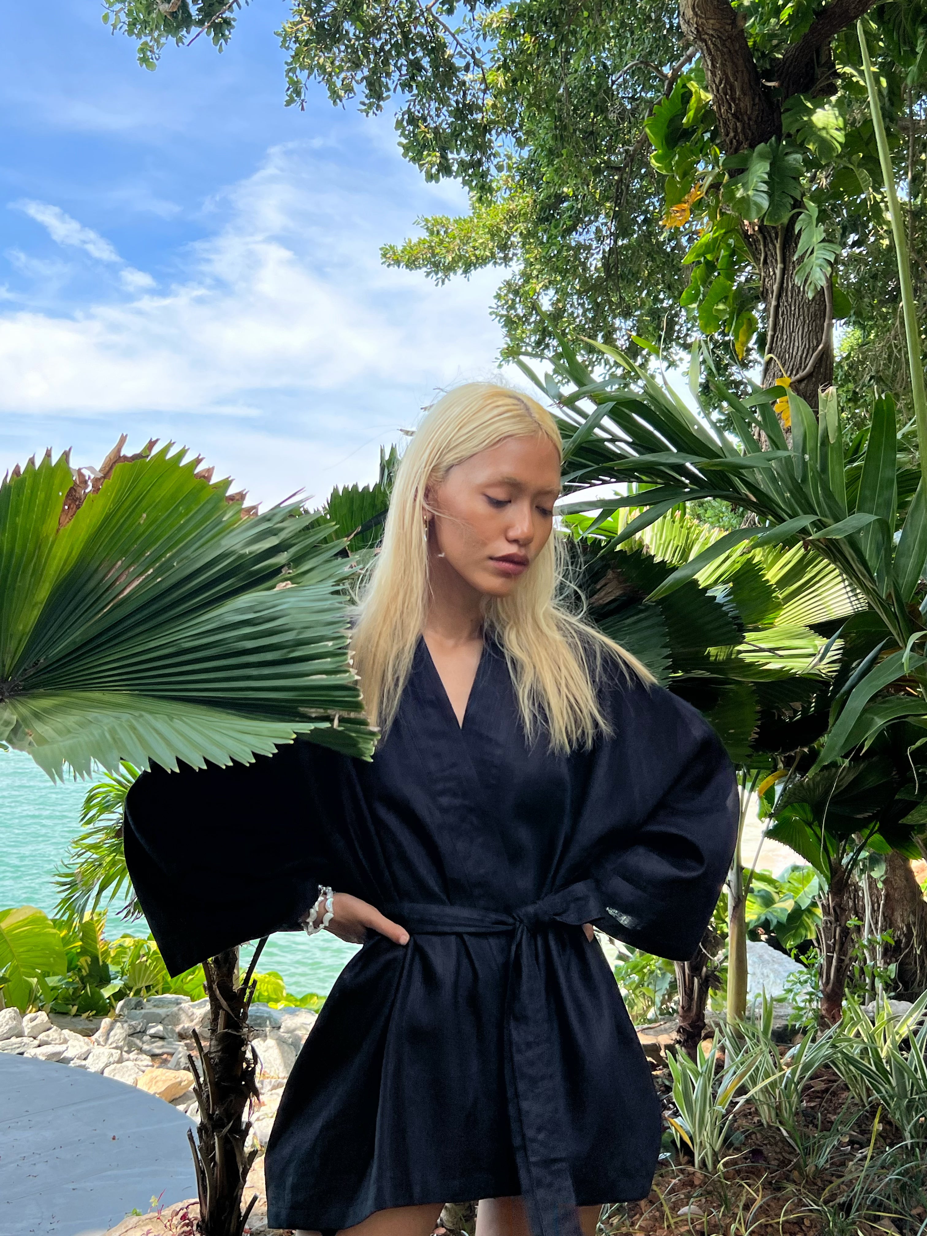 Kira Kimono Linen Wrap Jacket - Black
