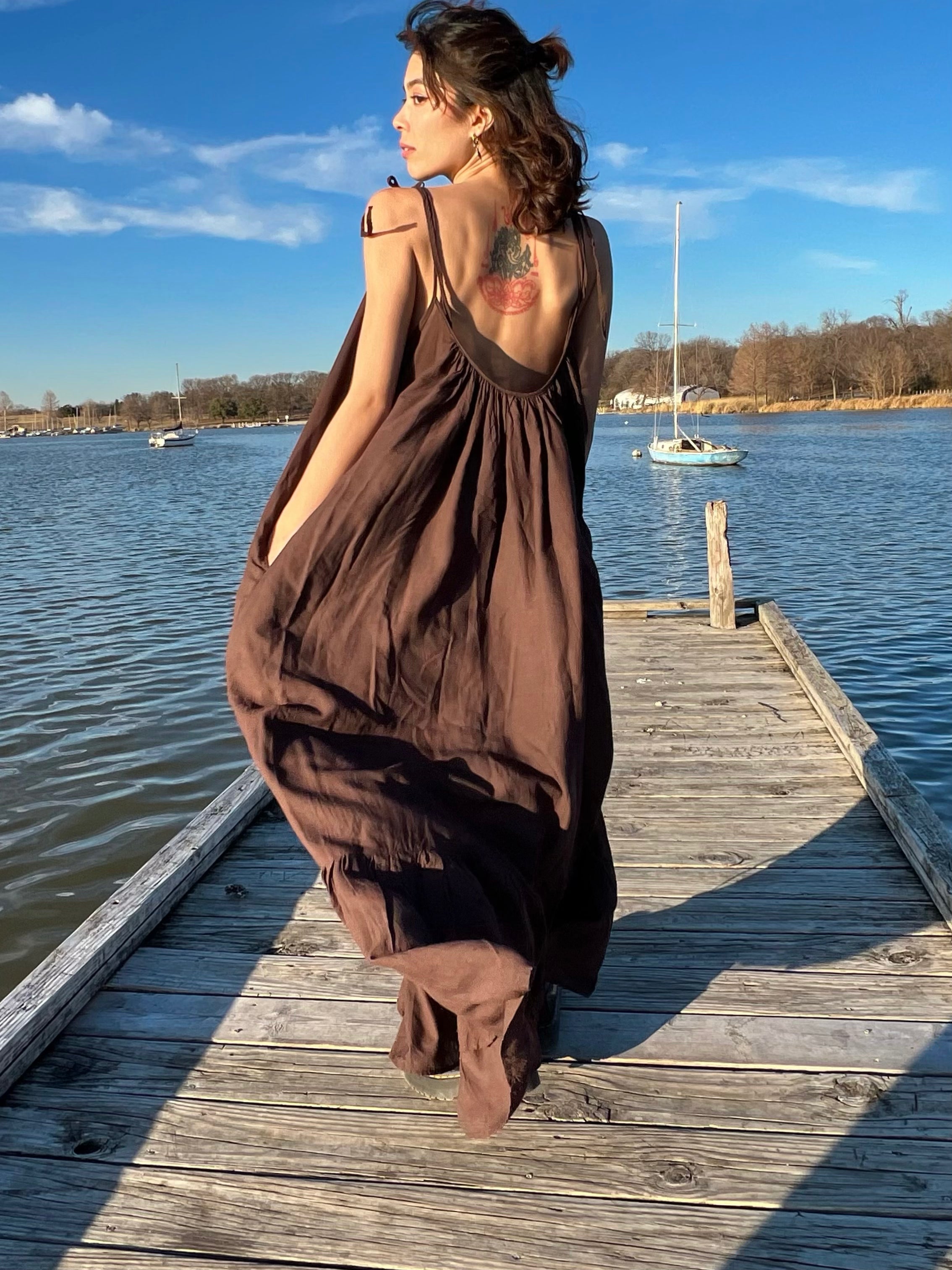 Shop hand dyed Mali Backless Maxi Dress, brown maxi dress, by COCO DE CHOM?