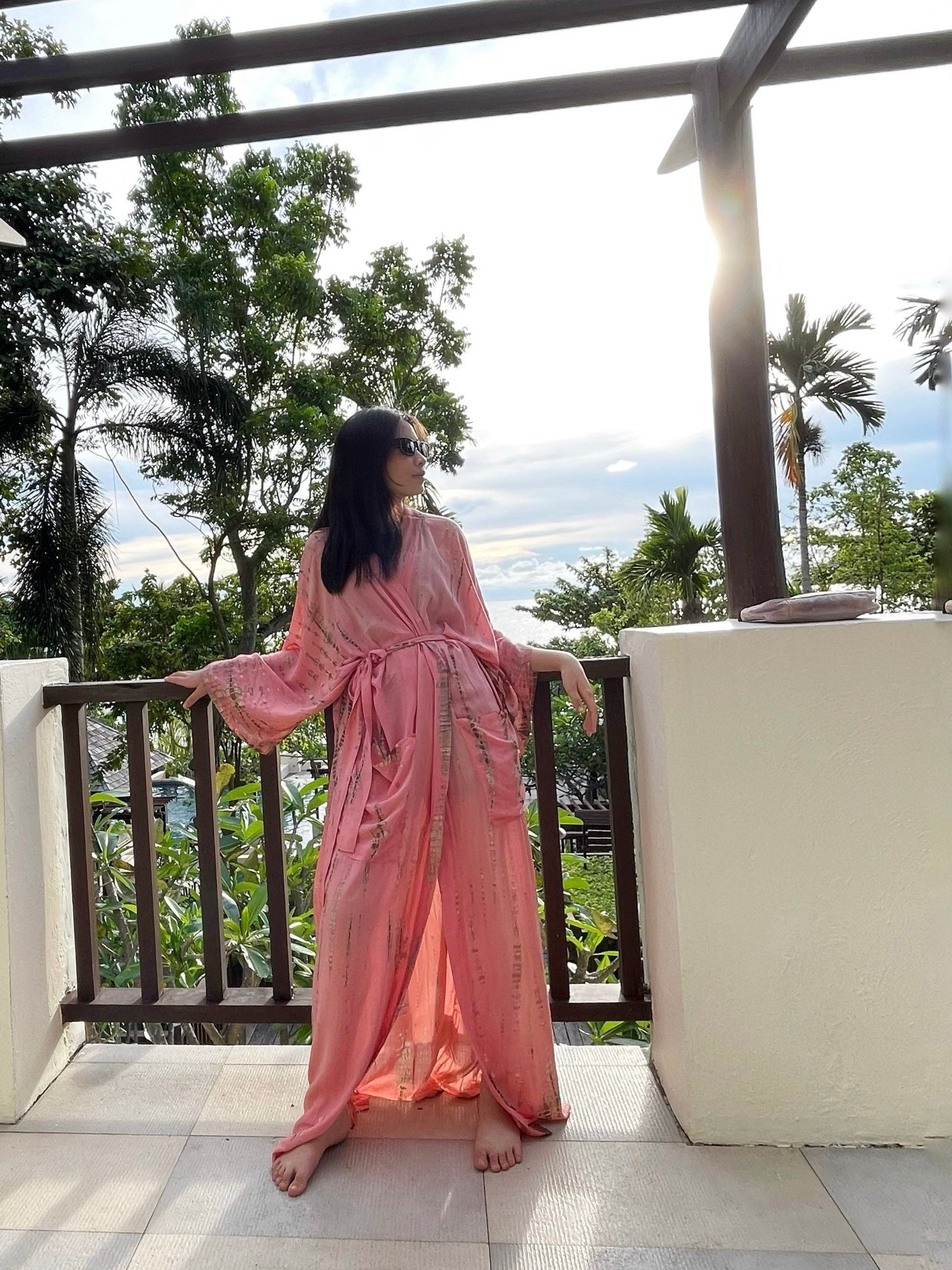 Swan - Peach Pink Kimono Robe - Maxi Kimono Robe Swan - Peach Pink Kimono Robe - Maxi Kimono Robe