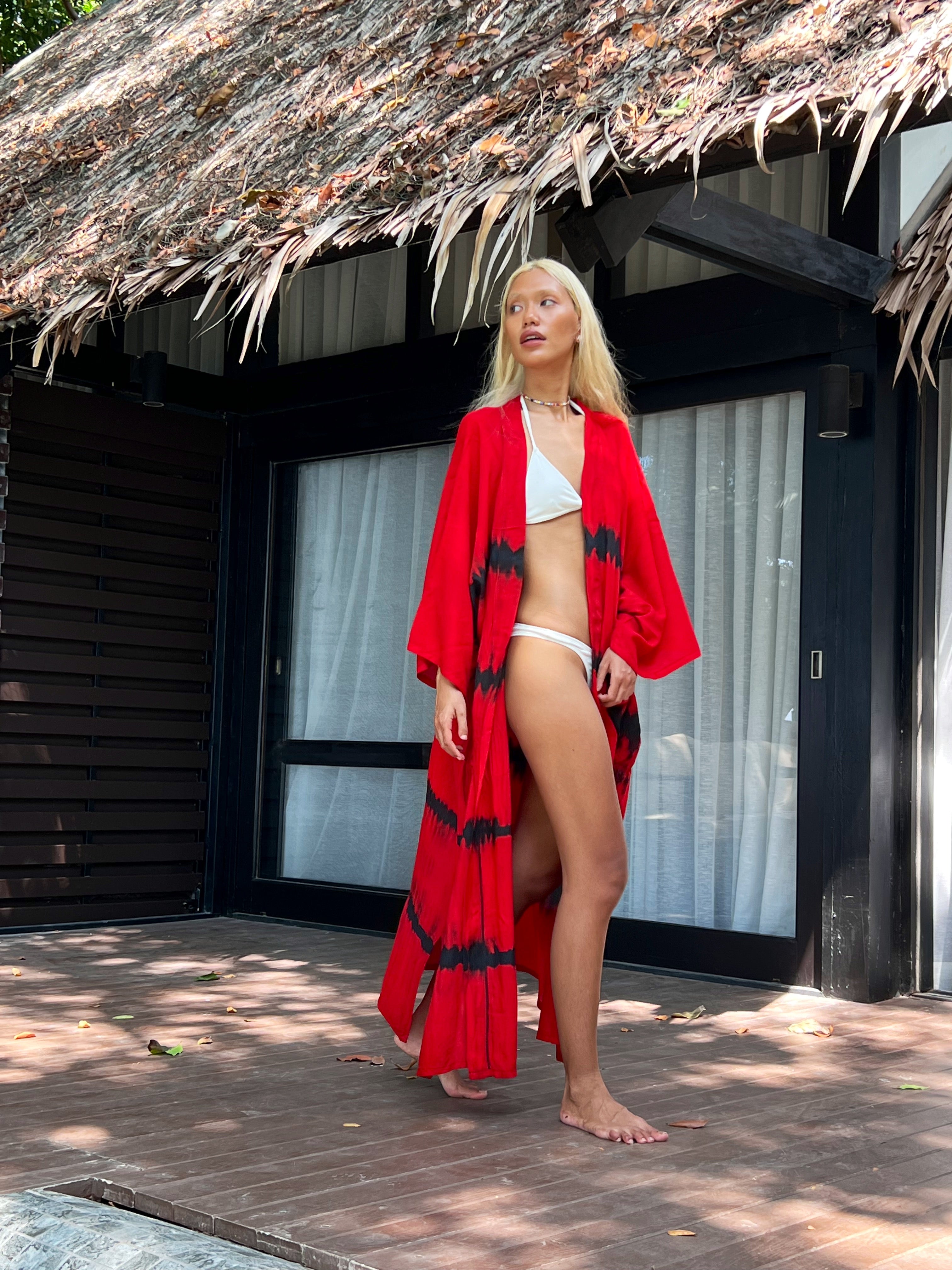 Dragon - Tie Dye Kimono Robe - Red