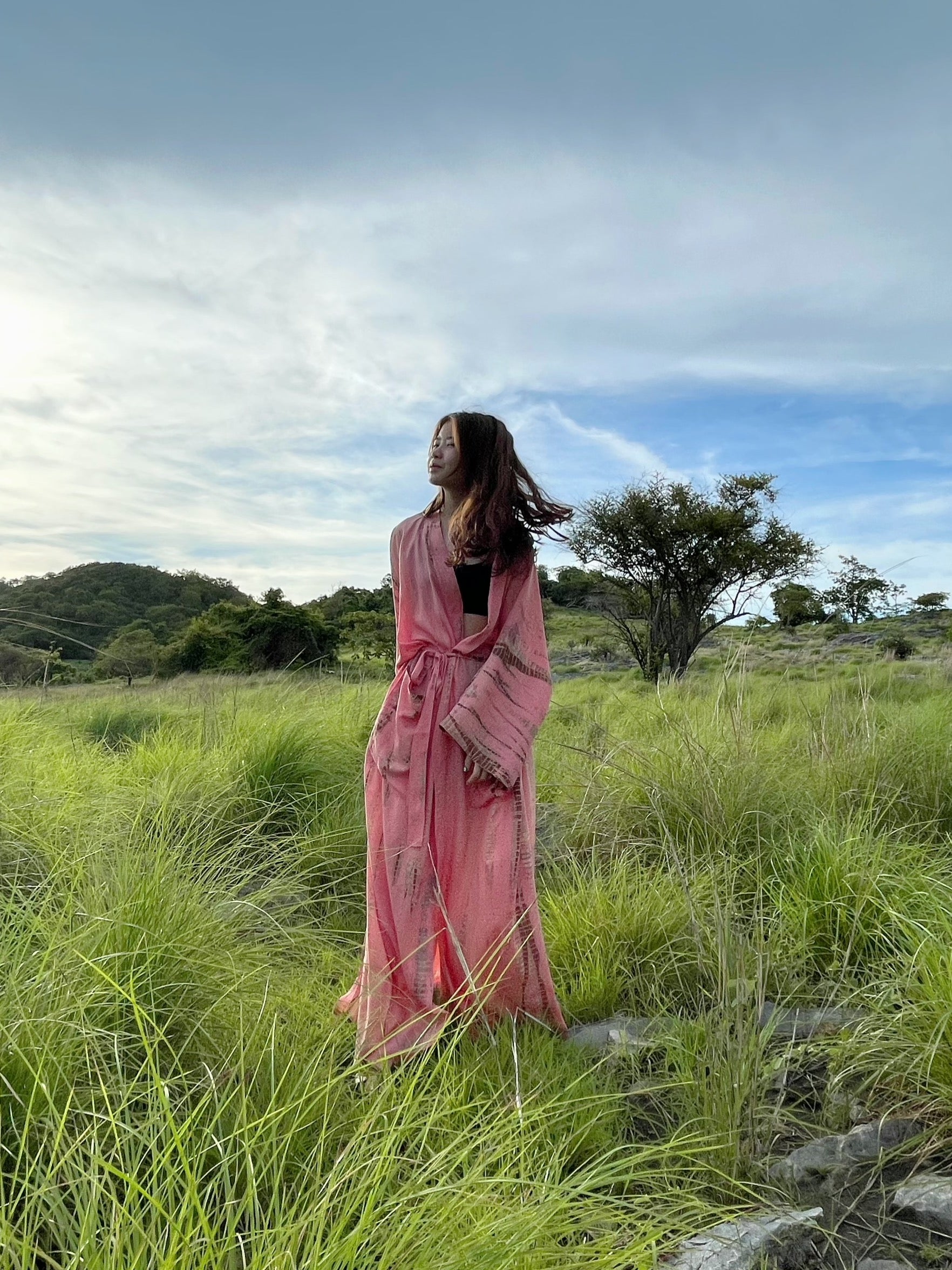 Swan Tie Dye Kimono Robe - Peach Pink