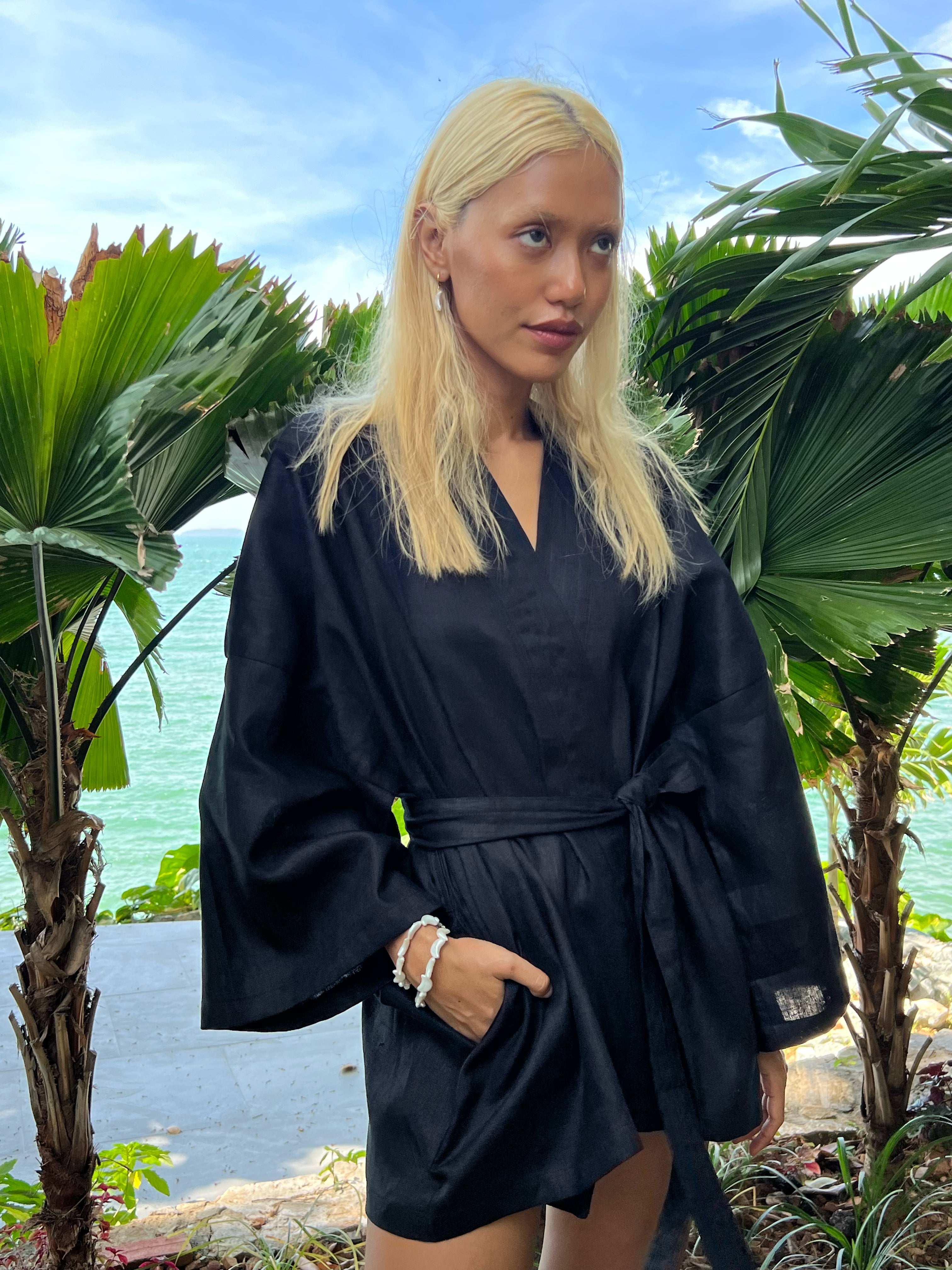 Kira Kimono Linen Wrap Jacket - Black